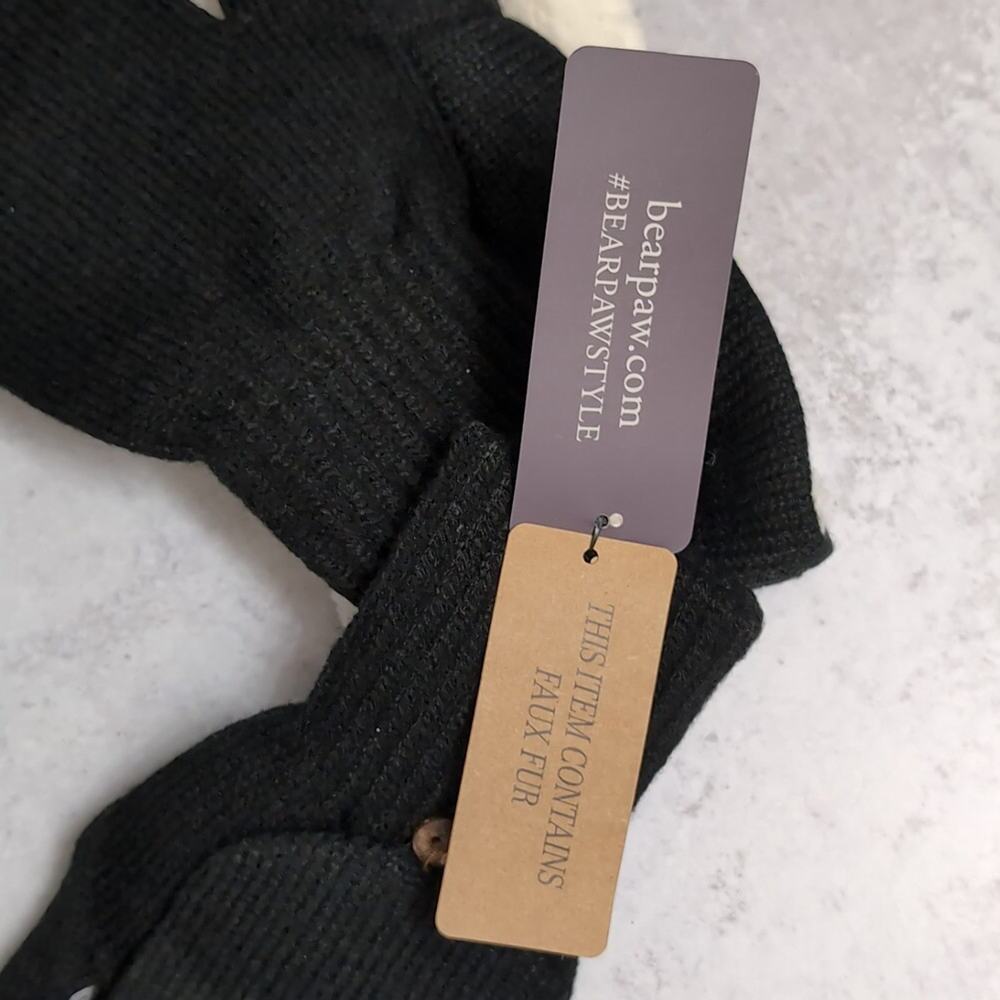 NWT Bearpaw Black Combo Set Headband Pop Top Glove Faux Fur Knit Warm Winter